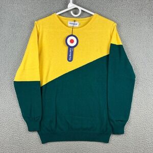 Oxknit store Mens Yellow Green Colorblock Cotton Knit Sweater Retro Style Size M